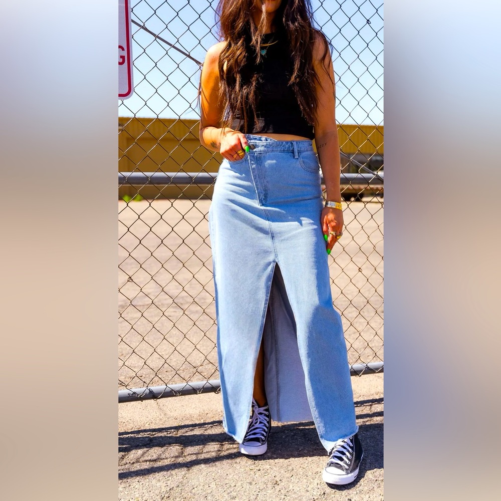 [NEW WITH TAGS] Dressed in LALA Don’t Kill My Vibe Criss Cross Denim Maxi Skirt